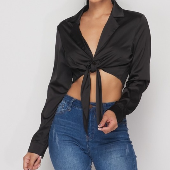 M&L: Black Self Tie Front Blouse - Picture 2 of 6